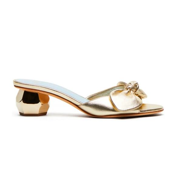 Frances Valentine Bottie Bow Heels Gold Sandals Geodome Slide Leather Sz 7 - Picture 1 of 12